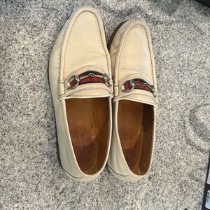 Gucci White Webstripe Horsebit Leather Loafers, size 9.5